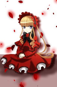 Rating: Safe Score: 0 Tags: 1girl blonde_hair blue_eyes bonnet bow bowtie dress flower image long_hair long_sleeves looking_at_viewer petals red_dress rose rose_petals shinku sitting solo twintails User: admin