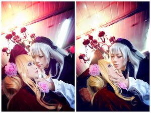 Rating: Safe Score: 0 Tags: 2girls blonde_hair blue_eyes dress dual_persona flower hat kiss multiple_cosplay multiple_girls realistic silver_hair tagme User: admin