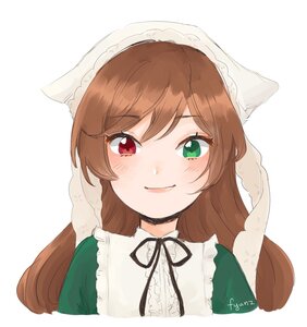 Rating: Safe Score: 0 Tags: 1girl bangs black_ribbon blush brown_hair closed_mouth diagonal_stripes dress eyebrows_visible_through_hair green_dress green_eyes head_scarf heterochromia image long_hair looking_at_viewer red_eyes ribbon simple_background smile solo striped striped_background suiseiseki vertical_stripes white_background User: admin