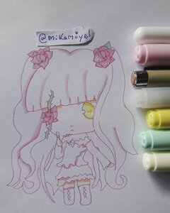 Rating: Safe Score: 0 Tags: 1girl artist_name bangs blunt_bangs chibi dress flower hair_flower hair_ornament image kirakishou long_hair no_nose photo pink_flower solo standing traditional_media twitter_username User: admin