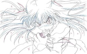 Rating: Safe Score: 0 Tags: 1girl barasuishou feathers floating_hair hair_ribbon image long_hair long_sleeves looking_at_viewer monochrome open_mouth ribbon simple_background solo teeth upper_body white_background User: admin