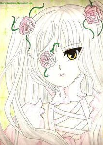 Rating: Safe Score: 0 Tags: 1girl flower hair_flower hair_ornament image kirakishou long_hair pink_flower pink_rose plant ribbon rose solo thorns traditional_media vines white_hair yellow_eyes User: admin