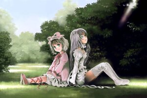 Rating: Safe Score: 0 Tags: 2girls boots cross-laced_footwear dress frills green_eyes hair_ornament hinaichigo image kirakishou long_hair multiple_girls nature pair ribbon sitting smile thighhighs tree User: admin