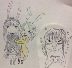 Rating: Safe Score: 0 Tags: 3girls >_< animal_ears bunny_ears closed_eyes dress drill_hair hair_ornament heart image kanaria long_hair long_sleeves multiple_girls pair purple_eyes smile suigintou traditional_media User: admin
