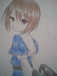 Rating: Safe Score: 0 Tags: 1girl blue_dress brown_hair capelet closed_mouth dress eyebrows_visible_through_hair headwear_removed image looking_at_viewer looking_back short_hair short_sleeves solo souseiseki traditional_media User: admin