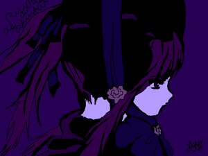 Rating: Safe Score: 0 Tags: 1girl flower from_side gloves image long_hair long_sleeves monochrome profile purple_background purple_theme rose shinku signature simple_background solo upper_body User: admin