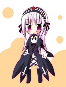 Rating: Safe Score: 0 Tags: 1girl bangs black_dress black_legwear black_ribbon blush chibi detached_collar dress flower full_body hairband image juliet_sleeves lolita_hairband long_hair long_sleeves open_mouth polka_dot polka_dot_background puffy_sleeves rose solo standing suigintou User: admin