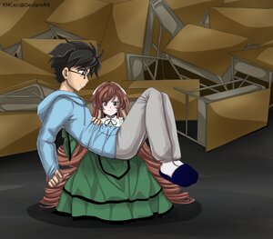 Rating: Safe Score: 0 Tags: 1boy 1girl black_hair box brown_hair dress glasses green_dress green_eyes image long_hair pants sitting solo suiseiseki very_long_hair User: admin