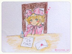Rating: Safe Score: 0 Tags: 1girl blonde_hair blush bow box green_eyes hair_bow hand_on_own_cheek heart hina_ichigo hinaichigo image long_sleeves pink_bow pink_neckwear short_hair smile solo traditional_media User: admin