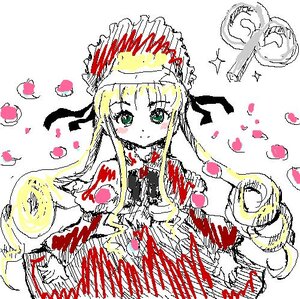 Rating: Safe Score: 0 Tags: 1girl bangs blonde_hair blush closed_mouth dress eyebrows_visible_through_hair green_eyes image long_hair long_sleeves looking_at_viewer oekaki shinku sidelocks simple_background smile solo very_long_hair User: admin