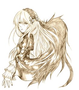 Rating: Safe Score: 0 Tags: 1girl auto_tagged dress frills hair_ornament hairband image long_hair long_sleeves looking_at_viewer looking_back monochrome puffy_sleeves simple_background solo striped suigintou very_long_hair white_background User: admin