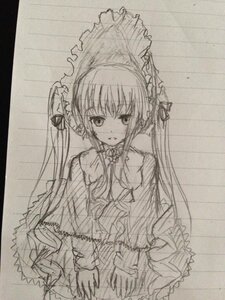 Rating: Safe Score: 0 Tags: 1girl dress frills image long_hair long_sleeves looking_at_viewer monochrome shinku simple_background smile solo traditional_media twintails umbrella very_long_hair User: admin