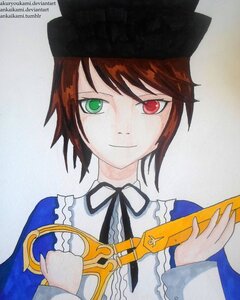 Rating: Safe Score: 0 Tags: 1girl artist_name black_headwear black_ribbon blue_dress brown_hair green_eyes hat heterochromia image long_sleeves looking_at_viewer neck_ribbon red_eyes ribbon short_hair smile solo souseiseki traditional_media upper_body User: admin