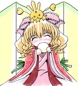 Rating: Safe Score: 0 Tags: 1girl blonde_hair blush closed_eyes drill_hair eating food hinaichigo image japanese_clothes kimono long_sleeves pink_bow pink_dress ribbon solo star_(symbol) traditional_media twin_drills wagashi User: admin