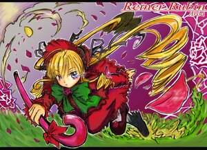 Rating: Safe Score: 0 Tags: 1girl blonde_hair bonnet bow bowtie dress flower flying image letterboxed long_hair long_sleeves petals red_dress shinku solo twintails User: admin