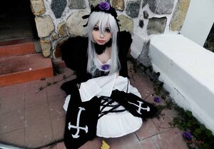 Rating: Safe Score: 0 Tags: 1girl choker dress flower gothic_lolita lolita_fashion long_hair purple_flower purple_rose rose silver_hair solo suigintou User: admin