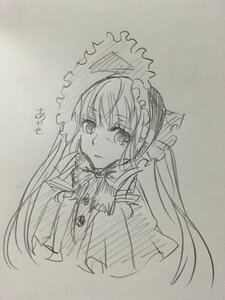 Rating: Safe Score: 0 Tags: 1girl bowtie closed_mouth dress eyebrows_visible_through_hair greyscale image long_hair looking_at_viewer monochrome photo shinku simple_background sketch solo traditional_media twintails upper_body User: admin