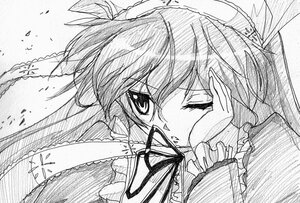 Rating: Safe Score: 0 Tags: 1girl eyebrows_visible_through_hair frills greyscale image looking_at_viewer monochrome one_eye_closed solo suiseiseki traditional_media User: admin