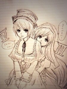 Rating: Safe Score: 0 Tags: 2girls alice_margatroid capelet dress hat image long_hair long_sleeves looking_at_viewer monochrome multiple_girls pair short_hair sisters souseiseki speech_bubble suiseiseki very_long_hair User: admin