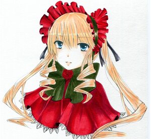 Rating: Safe Score: 0 Tags: 1girl blonde_hair blue_eyes bonnet bow bowtie capelet drill_hair flower image long_hair looking_at_viewer marker_(medium) parted_lips red_capelet red_flower red_rose rose shinku simple_background solo traditional_media twintails upper_body white_background User: admin