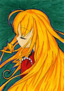 Rating: Safe Score: 0 Tags: 1girl bangs blonde_hair closed_eyes dress frills green_background image long_hair lying profile shinku sleeping solo traditional_media very_long_hair User: admin