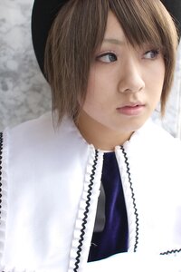 Rating: Safe Score: 0 Tags: 1girl bangs blurry brown_hair closed_mouth hat lips looking_at_viewer nose realistic short_hair solo souseiseki upper_body vertical_stripes User: admin