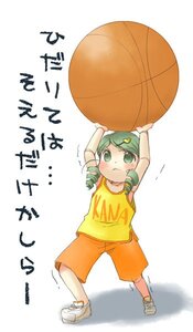 Rating: Safe Score: 0 Tags: 1girl ball basketball basketball_uniform green_eyes green_hair hair_ornament image kanaria shorts solo User: admin