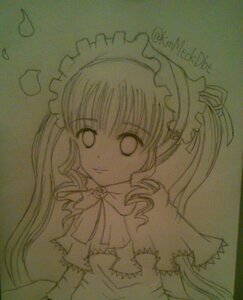 Rating: Safe Score: 0 Tags: 1girl bow bowtie drill_hair eyebrows_visible_through_hair frills image long_hair long_sleeves looking_at_viewer monochrome photo shinku simple_background solo traditional_media twin_drills twintails upper_body User: admin