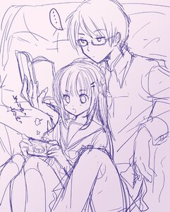 Rating: Safe Score: 0 Tags: ... 1boy 1girl book glasses hair_ornament hairclip holding image long_hair long_sleeves monochrome school_uniform serafuku shinku sitting sitting_on_lap sketch solo spoken_ellipsis User: admin
