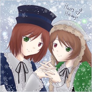 Rating: Safe Score: 0 Tags: 2girls black_ribbon blue_dress brown_hair dress green_dress green_eyes hat head_scarf heterochromia holding_hands image interlocked_fingers long_hair long_sleeves looking_at_viewer multiple_girls neck_ribbon pair red_eyes ribbon short_hair siblings sisters smile snowflakes souseiseki suiseiseki twins User: admin