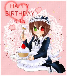 Rating: Safe Score: 0 Tags: 1girl blush brown_hair cake dress food frills green_eyes happy_birthday heart heterochromia image pantyhose red_eyes short_hair solo souseiseki striped striped_background white_legwear User: admin
