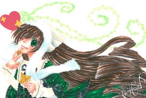 Rating: Safe Score: 0 Tags: 1girl blush brown_hair collar dress green_eyes image long_hair long_sleeves looking_at_viewer solo star_(symbol) suiseiseki very_long_hair User: admin