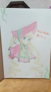 Rating: Safe Score: 0 Tags: 1girl bangs blonde_hair blue_eyes bonnet bow bowtie dress image long_hair long_sleeves looking_at_viewer marker_(medium) photo shinku sidelocks simple_background solo traditional_media twintails User: admin
