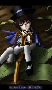 Rating: Safe Score: 0 Tags: 1girl brown_hair dress expressionless frills green_eyes hat heterochromia image long_sleeves pantyhose red_eyes short_hair sitting solo souseiseki top_hat weapon white_legwear User: admin