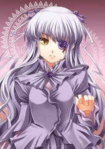 Rating: Safe Score: 0 Tags: 1girl barasuishou dress eyepatch flower frills image long_hair long_sleeves looking_at_viewer purple_flower rose silver_hair solo very_long_hair yellow_eyes User: admin