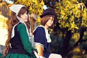 Rating: Safe Score: 0 Tags: 2girls autumn autumn_leaves blurry blurry_background brown_hair depth_of_field dress green_eyes gun hat head_scarf heterochromia lips long_hair long_sleeves multiple_cosplay multiple_girls outdoors suiseiseki tagme User: admin
