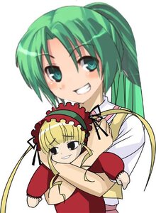 Rating: Safe Score: 0 Tags: 2girls blonde_hair green_eyes green_hair grin image long_hair long_sleeves looking_at_viewer multiple_girls ponytail shinku smile solo sonozaki_mion teeth white_background User: admin