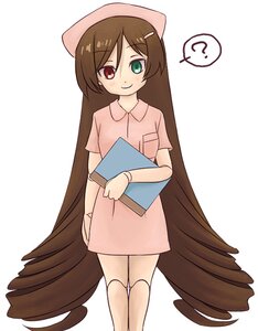 Rating: Safe Score: 0 Tags: ? blush brown_hair dress full_body green_eyes hair_ornament hat heterochromia image long_hair looking_at_viewer nurse otoko_no_ko pink_dress pink_headwear red_eyes short_sleeves simple_background smile solo spoken_question_mark standing suiseiseki very_long_hair white_background User: admin