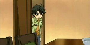 Rating: Safe Score: 0 Tags: 1boy black_hair glasses human looking_at_viewer pants sakurada_jun screenshot shirt sitting solo table white_shirt User: admin