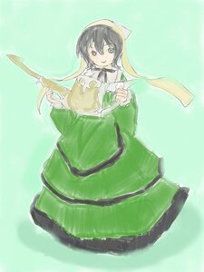 Rating: Safe Score: 0 Tags: 1girl black_eyes black_hair dress green_dress holding image instrument long_hair long_sleeves looking_at_viewer neck_ribbon ribbon smile solo suiseiseki User: admin