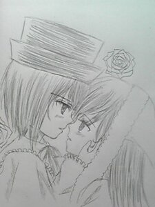 Rating: Safe Score: 0 Tags: 2girls eye_contact hat image looking_at_another monochrome multiple_girls pair short_hair sisters smile souseiseki suiseiseki traditional_media yuri User: admin