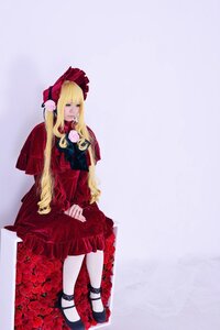 Rating: Safe Score: 0 Tags: 1girl blonde_hair blue_eyes bonnet bow dress flower long_hair long_sleeves mary_janes pantyhose red_dress rose shinku shoes sitting solo very_long_hair white_legwear User: admin