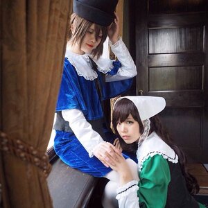 Rating: Safe Score: 0 Tags: 2girls brown_hair dress fine_art_parody hat lips long_hair long_sleeves multiple_cosplay multiple_girls own_hands_together realistic sitting suiseiseki tagme User: admin