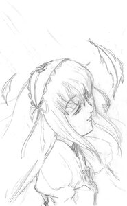 Rating: Safe Score: 0 Tags: 1girl dress feathers greyscale hairband image long_hair monochrome ribbon simple_background solo suigintou white_background User: admin
