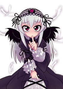 Rating: Safe Score: 3 Tags: 1girl black_dress black_feathers black_ribbon black_wings blush commentary_request dress feathered_wings feathers finger_to_mouth flower frilled_sleeves frills gothic_lolita hairband image lolita_fashion lolita_hairband long_hair long_sleeves looking_at_viewer photoshop_(medium) pink_eyes purple_eyes ribbon rose rozen_maiden shushing silver_hair solo suigintou torotei wings User: admin