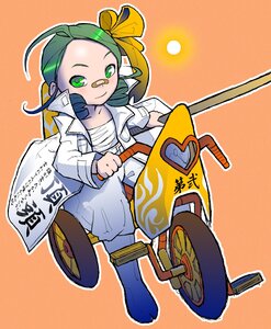 Rating: Safe Score: 0 Tags: 1girl ahoge bandages food green_eyes green_hair image kanaria orange_background outline sarashi solo white_outline User: admin