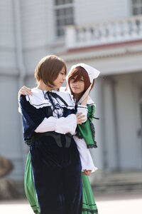 Rating: Safe Score: 0 Tags: 2girls black_dress blurry blurry_background brown_hair depth_of_field dress green_dress hood hug long_sleeves multiple_cosplay multiple_girls standing suiseiseki tagme User: admin