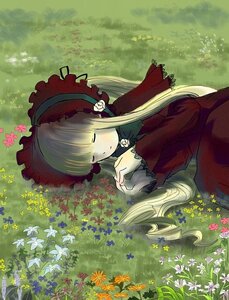 Rating: Safe Score: 0 Tags: 1girl blonde_hair bonnet bow closed_eyes dress flower grass image long_hair long_sleeves lying shinku sleeping solo User: admin