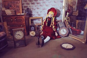 Rating: Safe Score: 0 Tags: 1girl analog_clock blonde_hair bonnet book clock dress flower indoors long_hair red_dress shinku sitting solo User: admin