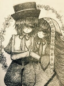 Rating: Safe Score: 0 Tags: 2girls capelet dress flower hat holding_hands image interlocked_fingers long_hair monochrome multiple_girls pair ribbon short_hair siblings sisters souseiseki suiseiseki traditional_media User: admin